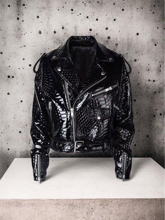 Ramoneska skórzana czarna damska ze skóry lakierowanej ASHLAY skóra aligatora - LEU