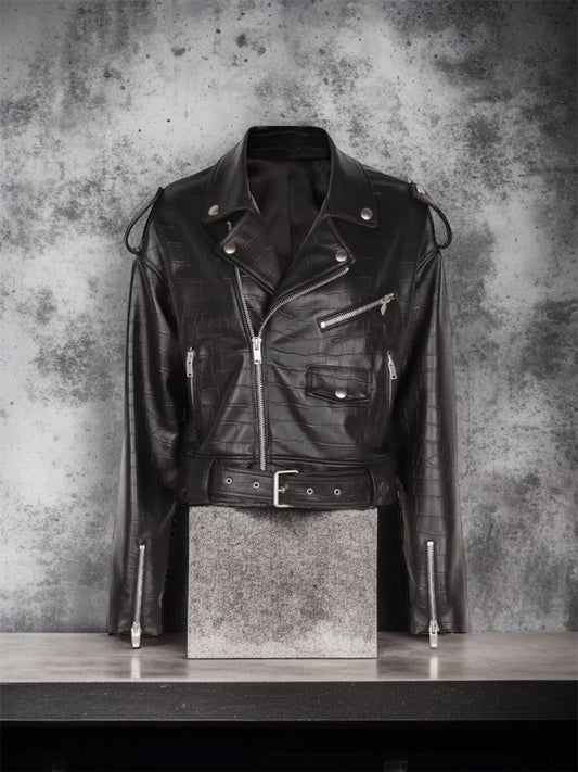 Ramoneska skórzana czarna damska ze skóry ASHLAY skóra aligatora - LEU