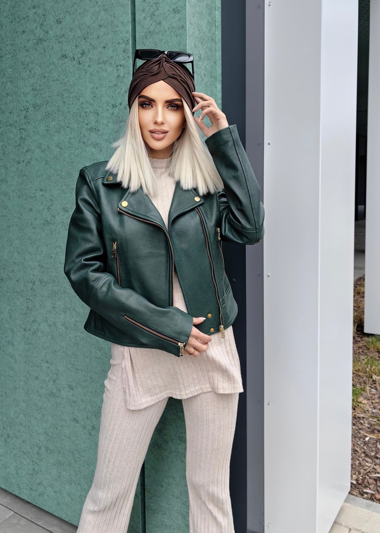 Ramoneska skórzana damska ze skóry butelkowa zieleń,NATALIE od LEU