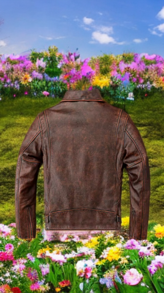 Ramoneska skórzana męska ze skóry naturalnej brązowa vintage, ROMEO - LEU