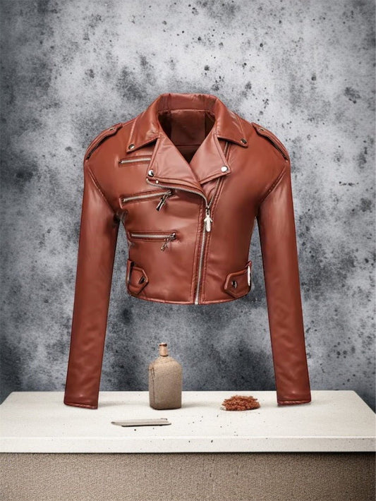 Ramoneska z naturalnej skóry brązowa damska, BLANKA - LEU