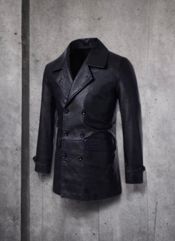 Skórzany płaszcz męski czarny dwurzędowy z naturalnej skóry - LEU