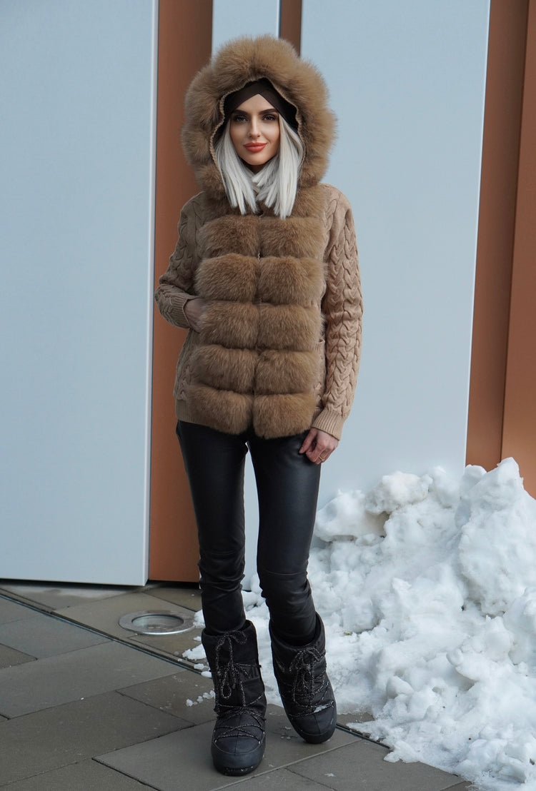 Sweter futrzany z lisem naturalnym carmelowym,carmel - LEU