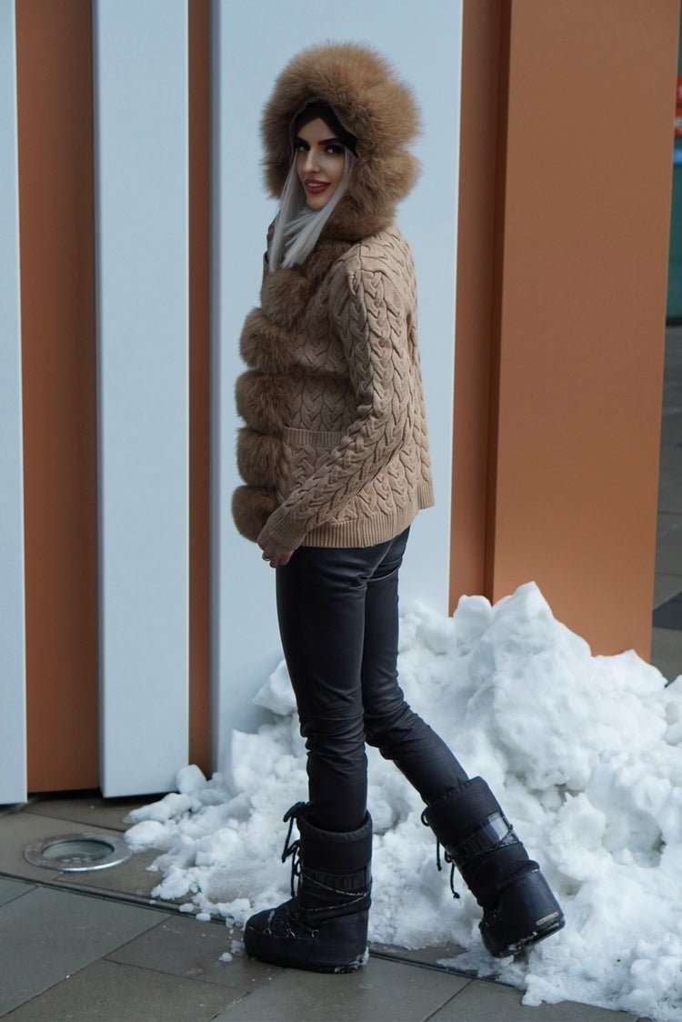 Sweter futrzany z lisem naturalnym carmelowym,carmel - LEU
