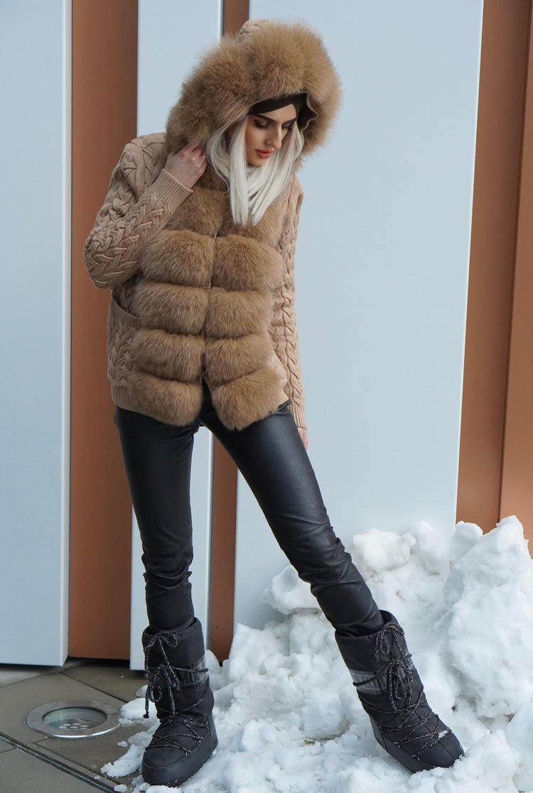 Sweter futrzany z lisem naturalnym carmelowym,carmel - LEU
