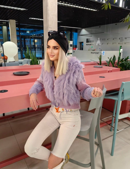 Sweter futrzany z lisem naturalnym fioletowym,fioletowy - LEU