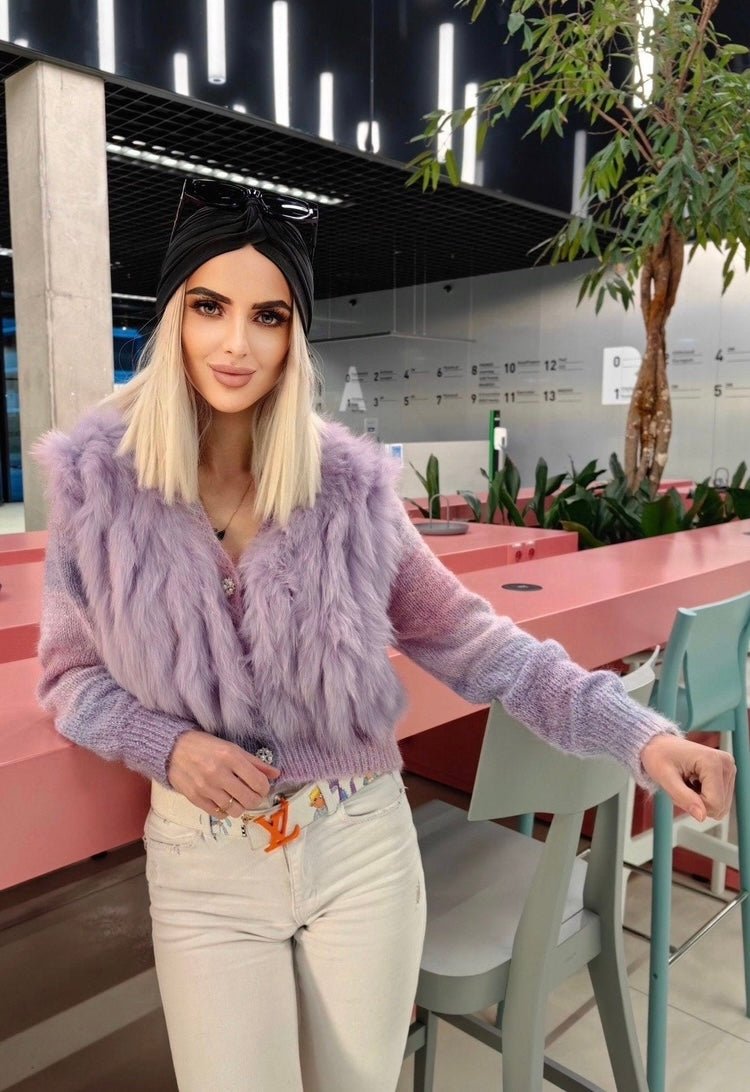 Sweter futrzany z lisem naturalnym fioletowym,fioletowy - LEU