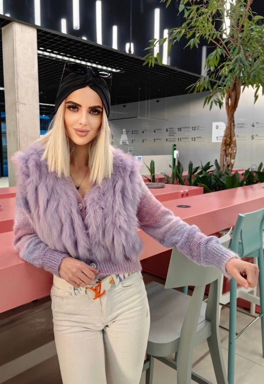 Sweter futrzany z lisem naturalnym fioletowym,fioletowy - LEU