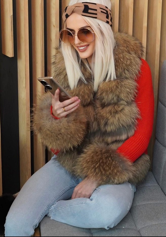 Sweter z jenotem naturalnym brunatnym, czerwony - LEU