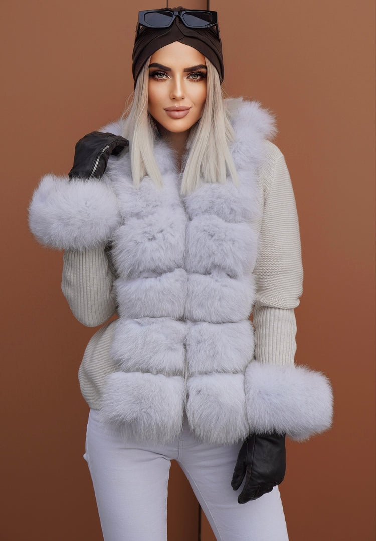 Sweter z lisem naturalnym beżowo - białym,ecru - LEU
