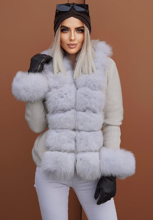 Sweter z lisem naturalnym beżowo - białym,ecru - LEU