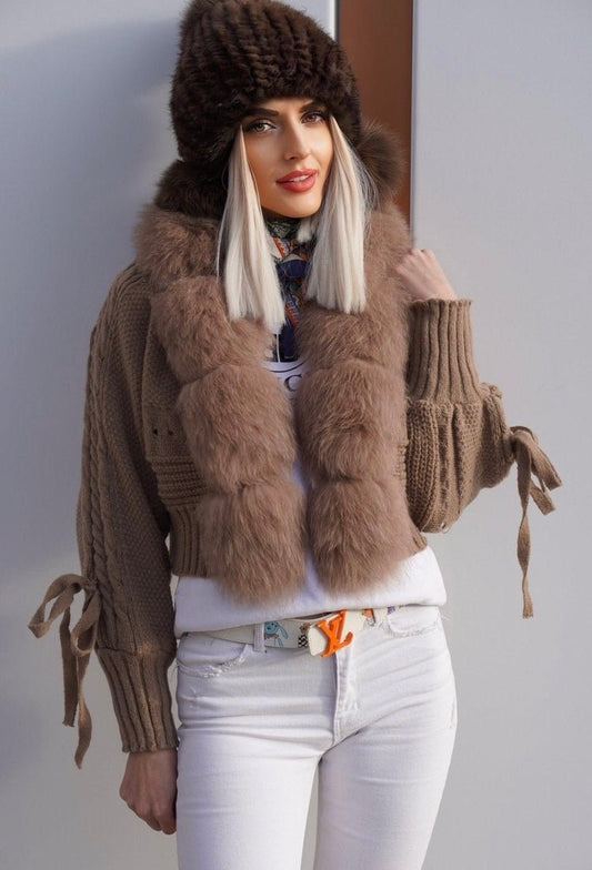 Sweter z lisem naturalnym beżowym,beż - LEU