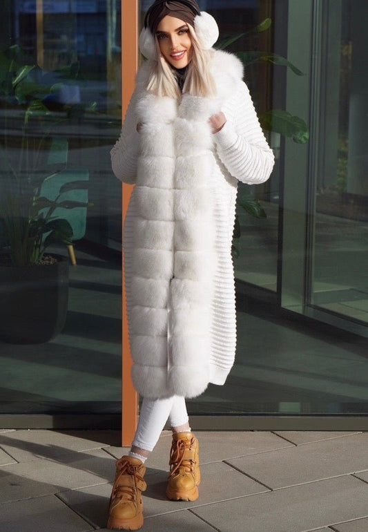 Sweter z lisem naturalnym białym,biały - LEU