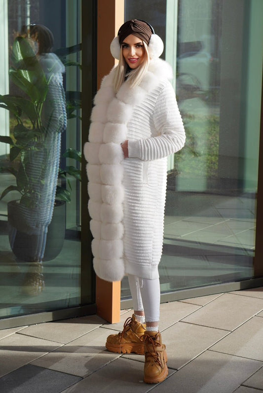 Sweter z lisem naturalnym białym,biały - LEU