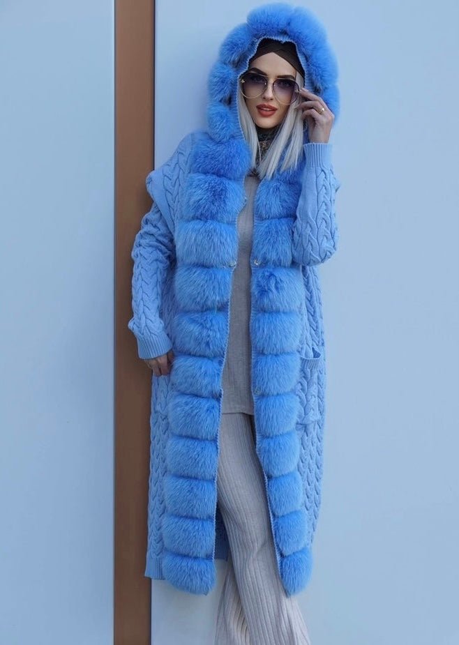 Sweter z lisem naturalnym błękitnym,błękitny - LEU