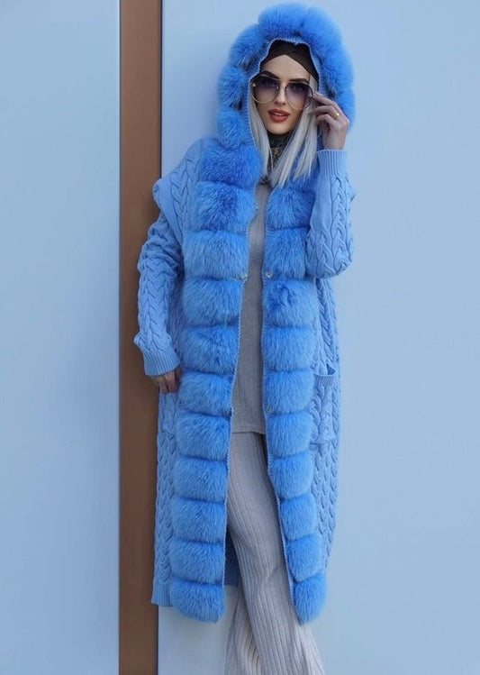 Sweter z lisem naturalnym błękitnym,błękitny - LEU