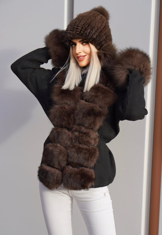 Sweter z lisem naturalnym brązowym, czarny - LEU