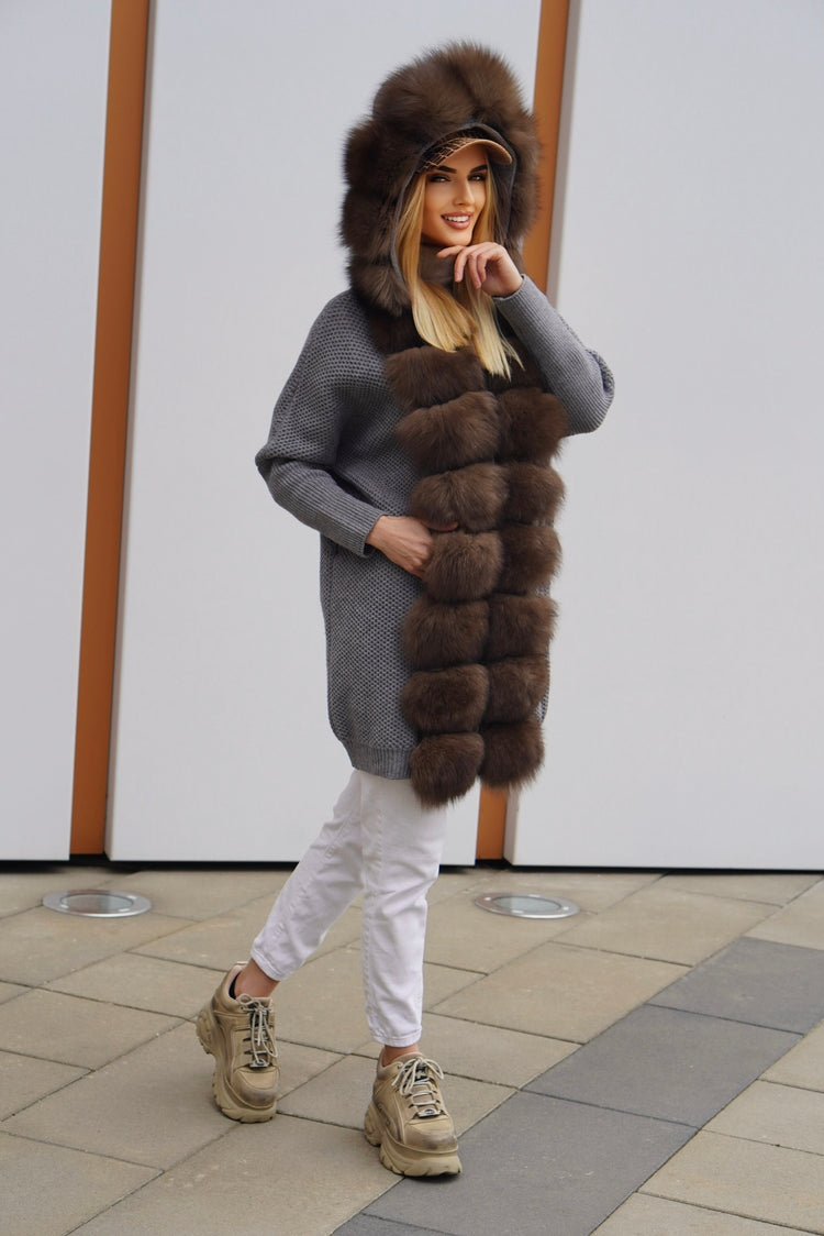 Sweter z lisem naturalnym brązowym,szary - LEU