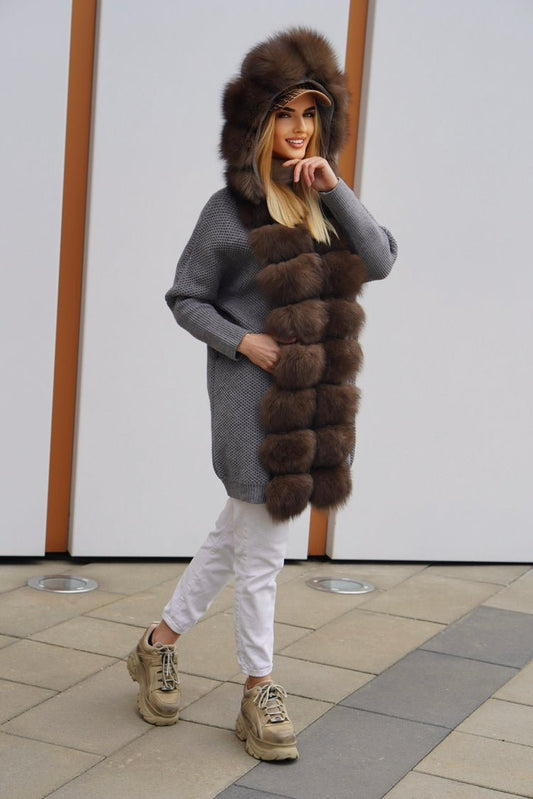 Sweter z lisem naturalnym brązowym,szary - LEU