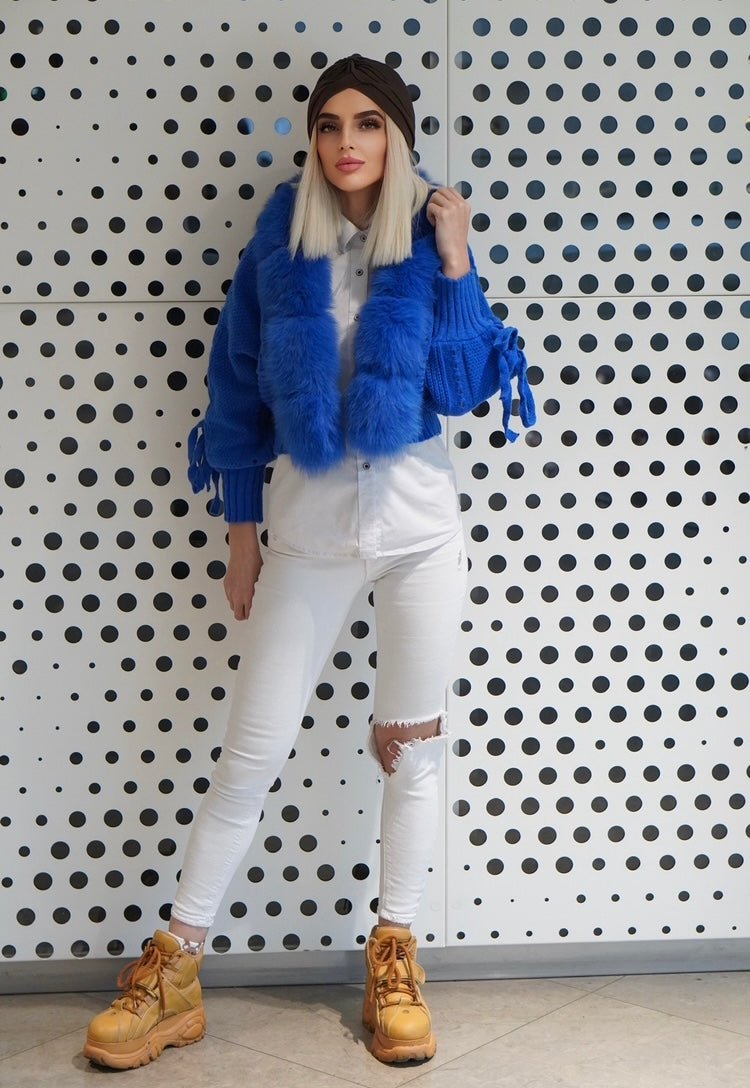 Sweter z lisem naturalnym chabrowym,chabrowy - LEU