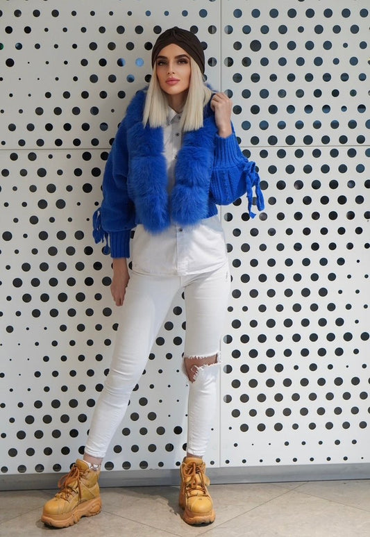 Sweter z lisem naturalnym chabrowym,chabrowy - LEU