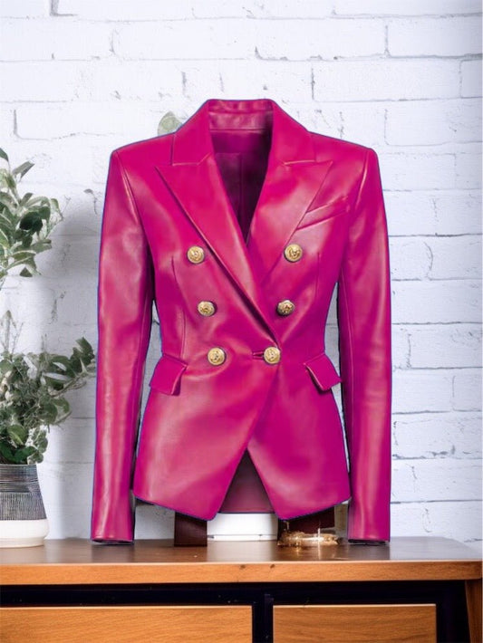 Żakiet skórzany ze skóry amarantowy dwurzędowy,MEXI - LEU