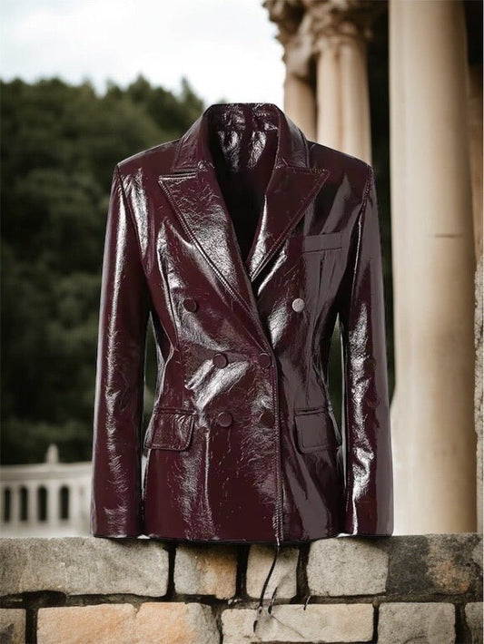 Żakiet skórzany ze skóry bordowy lakier dwurzędowy,DIOR-LEU. Żakiet ze skóry damski dostępny w różnych rozmiarach.