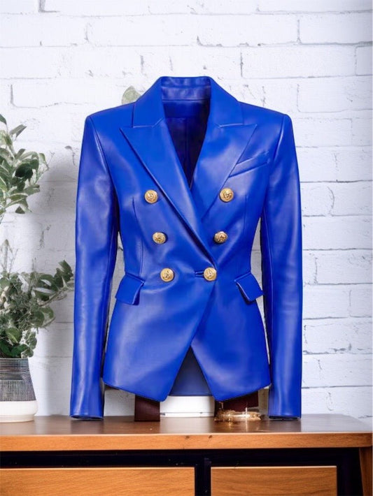 Żakiet skórzany ze skóry chabrowy dwurzędowy, MEXI od LEU. Żakiet ze skóry damski wiosenny,jesienny,przejściowy.