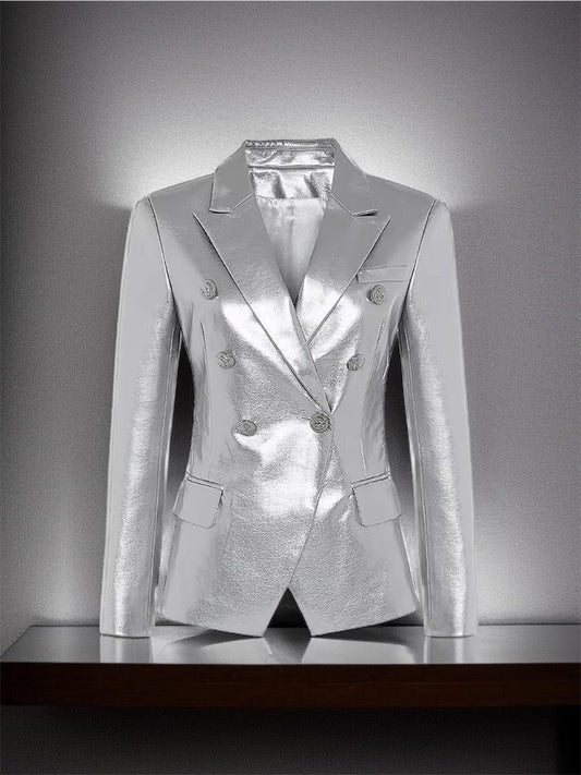 Żakiet skórzany ze skóry srebrny dwurzędowy,MEXI od LEU. Żakiet damski ze skóry naturalnej wiosenny, jesienny, przejściowy.