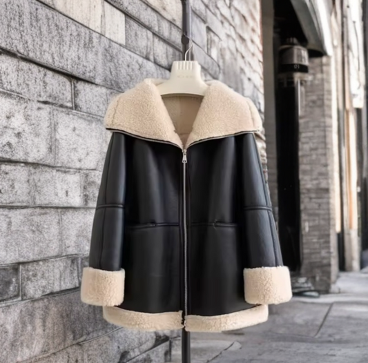 Kożuch naturalny damski oversize czarny,LAURA LEU
