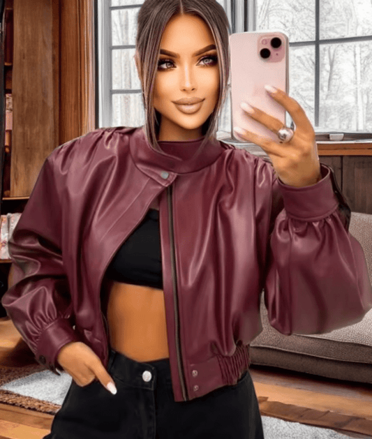 Bomberka skórzana kurtka damska bordowa, FENDY-LEU. Kurtka skórzana ze skóry damska wiosenna, jesienna, przejściowa. 