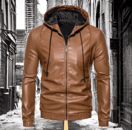 Bomberka skórzana męska brązowa z kapturem,B - 1 - LEU