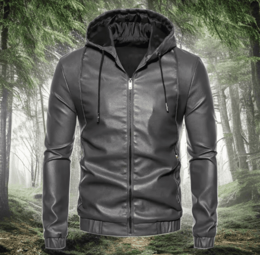 Bomberka skórzana męska szara z kapturem,B - 1 - LEU