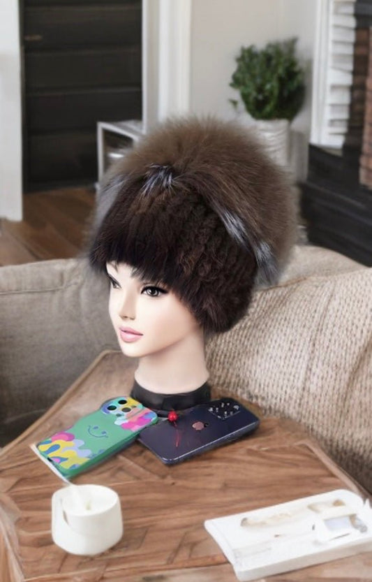 Czapka futrzana z futra norek z pomponem lisa,NORKA - 1 - LEU
