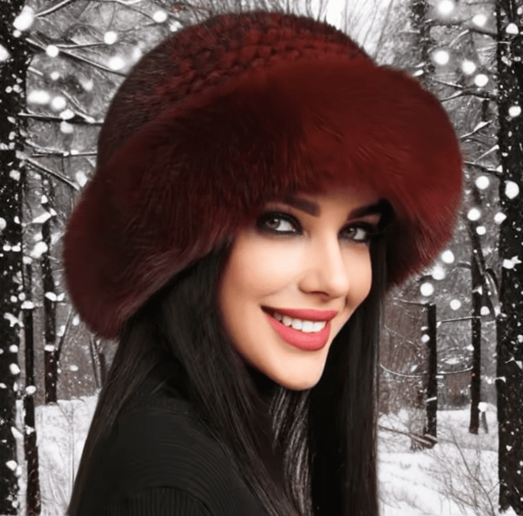 Czapka toczek futrzany z futra norek damski bordowy - LEU