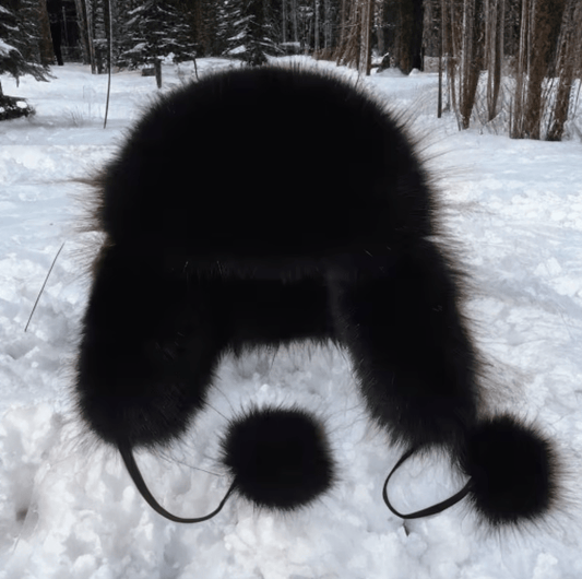 Czapka z futra, futrem lisa, lisem uszatka z lisa damska czarna, LIS - 1 - LEU