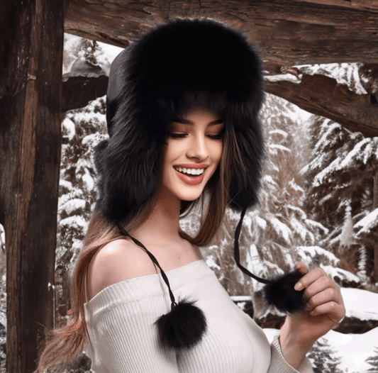 Czapka z futra, futrem lisa, lisem uszatka z lisa damska czarna, LIS - 1 - LEU