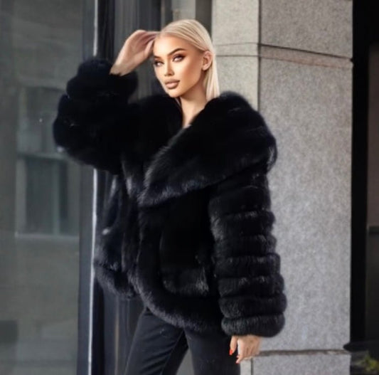 Futro czarne z lisa z dużym kapturem 65 cm - LEU