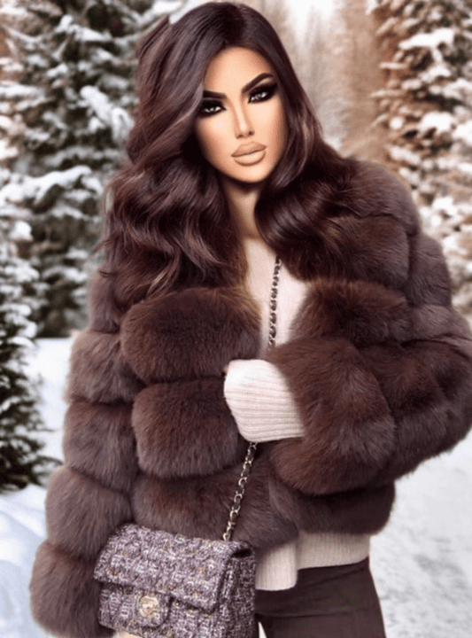 Futro z lisa brązowe damskie ze stójką 50 cm wykonane z naturalnej skóry podszyte podszewką od LEU.