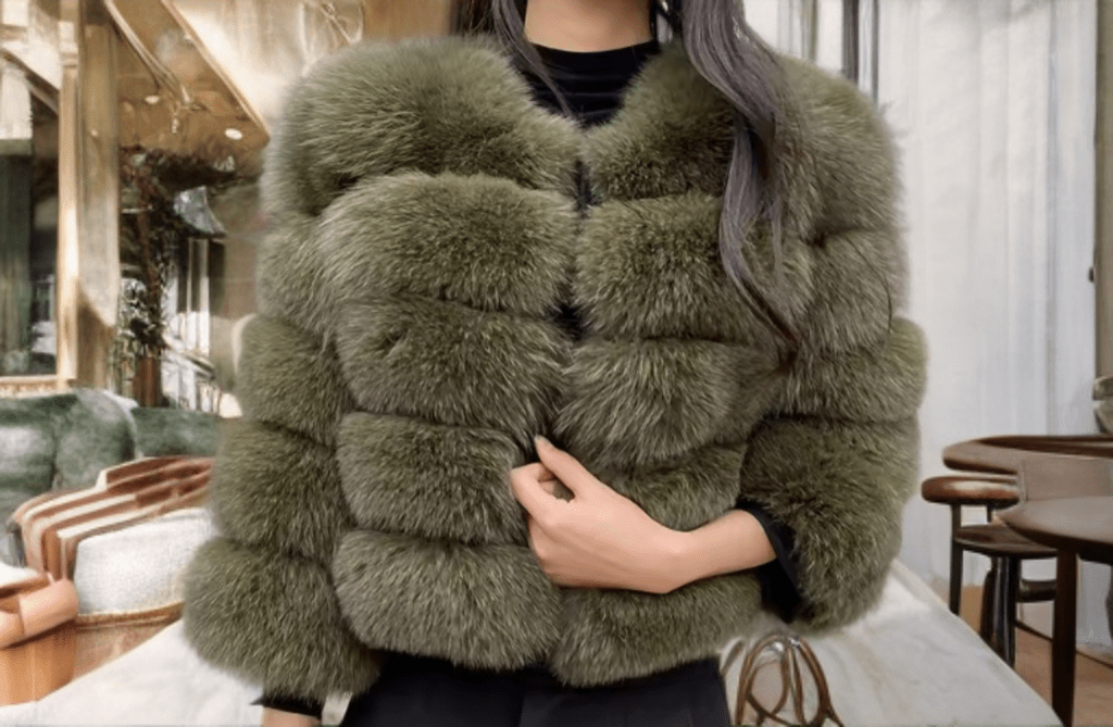 Futro z lisa damskie wojskowa zieleń bez stójki YSL - 10 - LEU