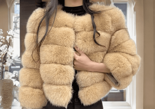 Futro z lisa naturalne damskie beżowe jasne bez stójki YSL - 10 - LEU