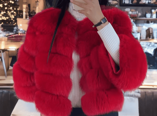 Futro z lisa naturalne damskie czerwone bez stójki YSL - 10 - LEU