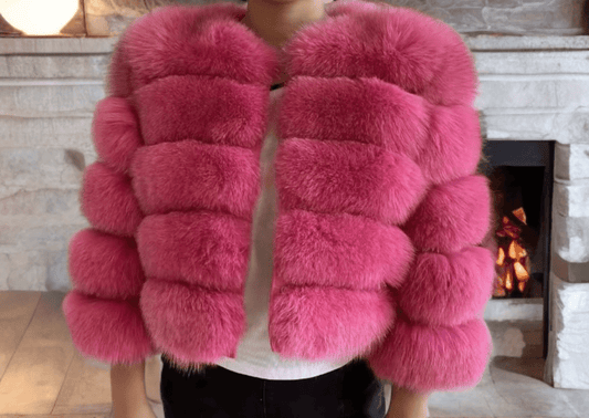 Futro z lisa naturalne damskie różowe bez stójki YSL - 10 - LEU