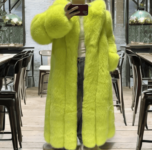 Futro z lisa naturalnego z kapturem neonowy żółty,CH-200-LEU. Futro naturalne damskie z lisa.