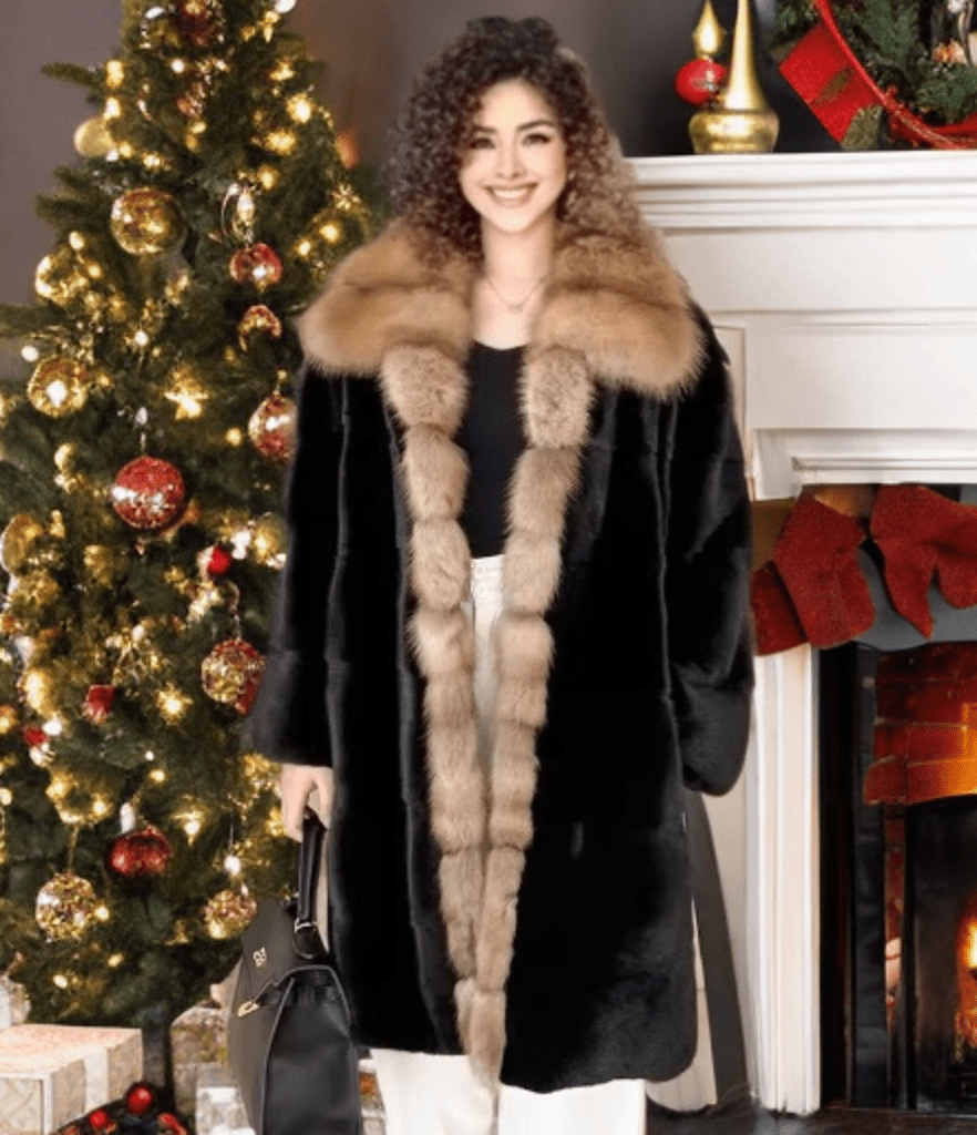 Futro z norek damskie czarne z lisem fińskim brązowym - LEU