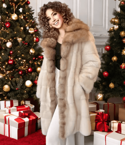 Futro z norek damskie jasne beżowe z lisem brązowym - LEU