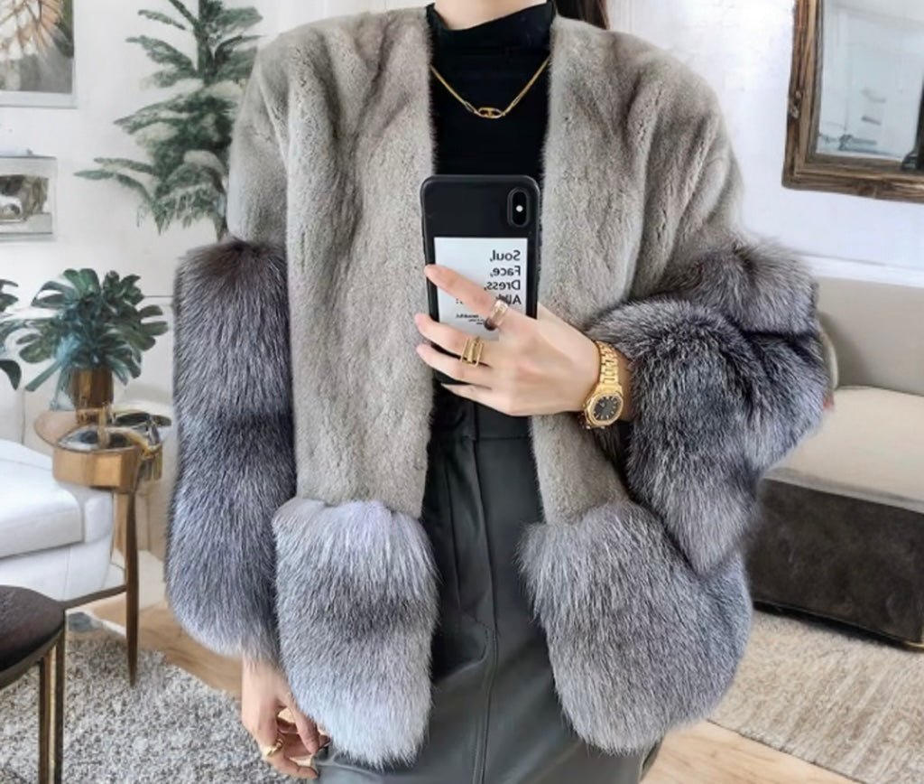 Futro z norek damskie z kołnierzem futra lisa srebrnego od LEU. Futro damskie naturalna kurtka futrzana.