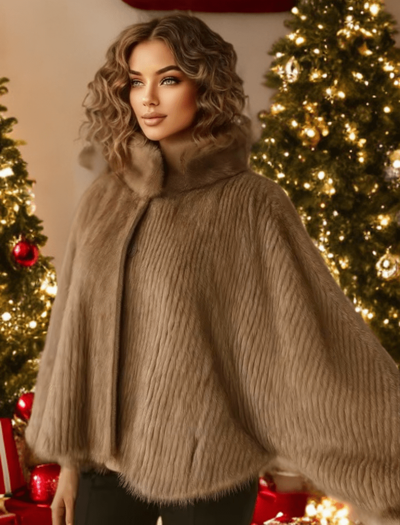 Futro z norek, ponczo futrzane brązowe - LEU