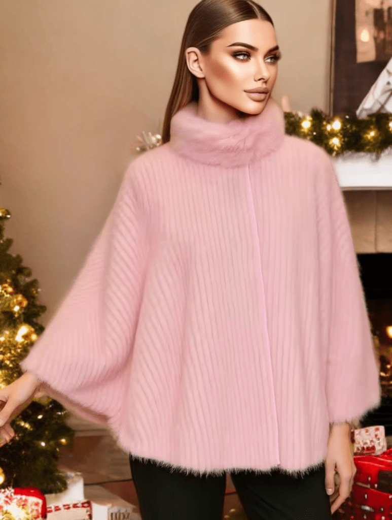 Futro z norek, ponczo futrzane pudrowy róż - LEU