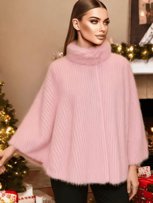 Futro z norek, ponczo futrzane pudrowy róż - LEU